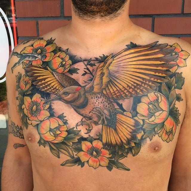 Dotwork Geometric Flying Bird Tattoo On Man Chest