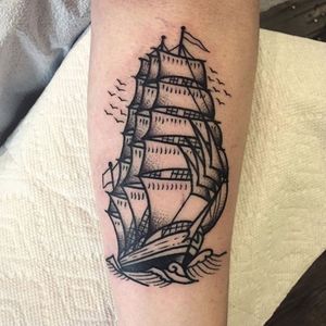 Blackwork ship tattoo via @christianlanouette #ChristianLanouette #blackwork #ship