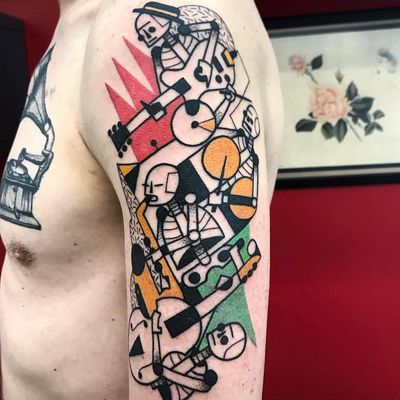 Musical skeletons tattoo by Luca Font #LucaFont #colortattoo #lineworktattoo #abstracttattoo #cubismtattoo #skeletontattoo #bonestattoo #musictattoos #guitartattoo #musicalinstrumenttattoo #shapestattoo #drumstattoo #tattoooftheday