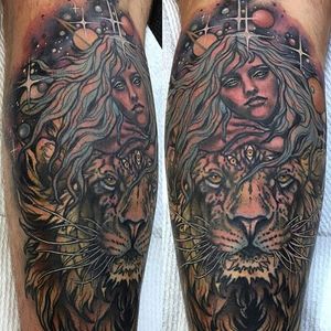 Neo traditional astrological themed piece for a client on the Leo-Virgo cusp. Tattoo by Rachi Brains. #neotraditional #illustrative #sketchy #leo #lion #virgo #astrology #RachiBrains