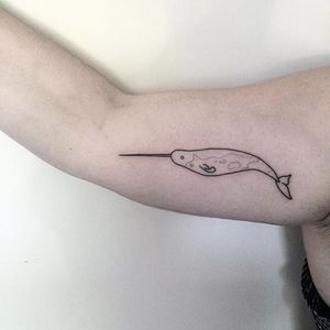 Narwhal tattoo by Cate Webb. #CateWebb #handpoke #narwhal #simple #linework