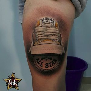 Insanely realistic Converse tattoo by Seryoja Moodry (via IG -- seryojatattoo) #SeryojaMoodry #converse #chucktaylor #chucktaylortatoo #conversetattoo #chucktaylorisaliar