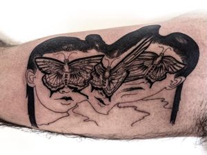 Butterfly babes. Tattoo by Julian Llouve. #JulianLlouve #linework #blackwork #portrait #warped #butterfly #face #wings #lips #surreal #strange