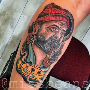 Steve Zissou Tattoo by Jessie Beans #stevezissou #colorfultattoo #traditional #traditionaltattoo #boldtattoos #brigthtattoos #JessieBeans