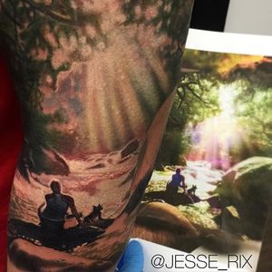 Jesse Rix's (IG—jesse_rix) landscape with a man and his dog by river rapids. #color #dog #JesseRix #landscape #rapids #realism #river