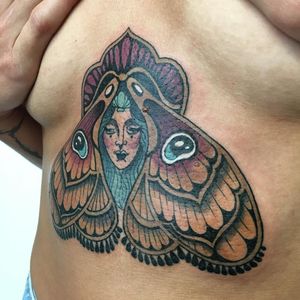 Moth lady tattoo by Chiara Semeraro #ChiaraSemeraro #ArtNouveautattoo #color #Artnouveau #ornamental #moth #lady #ladyhead #portrait #wings #butterfly #filigree #pattern #eyes