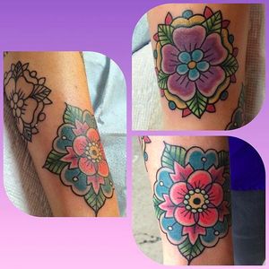 Bright and Bold Flower Mandala Tattoo by Sue at Valor Tattoo #Sue #ValorTattoo #Bright #Bold #Flower #Mandala