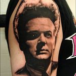 This black and grey portrait by David Newman Stump (Instagram @david_skeletoncrewtattoo) that's taken from David Lynch's Eraserhead emulates the surreal black and white footage of the film. #blackandgrey #DavidLynch #DavidNewmanStump #Eraserhead #Portrait