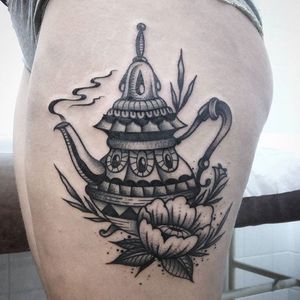 Teapot Tattoo by Jaffa Wane #teapot #teapottattoo #blackwork #blackworktattoo #blackworkartist #darkart #JaffaWane