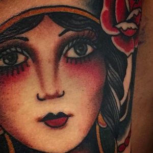 A detail shot of an awesome tattoo by J.A. Watkins. #JAwatkins #traditional #girl