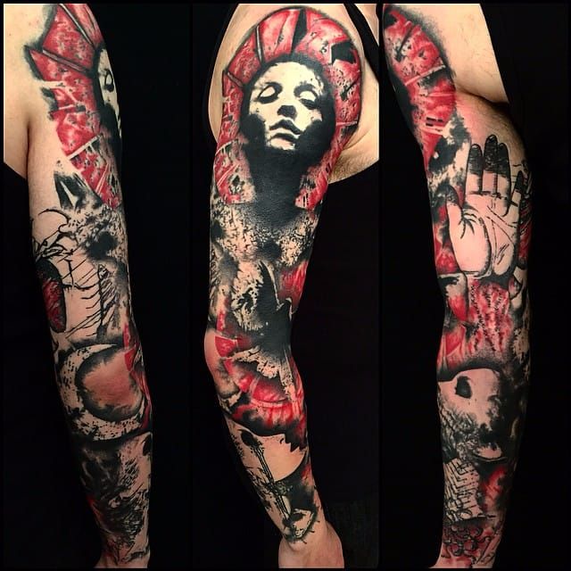 Incredible tattoo sleeve by dodepraslumina The combination of red ink  with a black  grey background is fantastic To get another view   Instagram