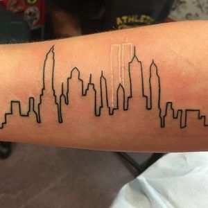 New York  skyline tattoo of @alyssawhoaa, via Instagram. #911 #whiteink #twintowers #skyscraper #landmark #skyline #silhouette #minimalist #subtle #simple #outline #microtattoo