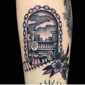 Locomotive Tattoo by Brad Worthen #locomotive #locomotivetattoo #traintattoo #train #traditionallocomotive #traditionaltrain #oldschooltrain #oldschool #traditional #BradWorthen