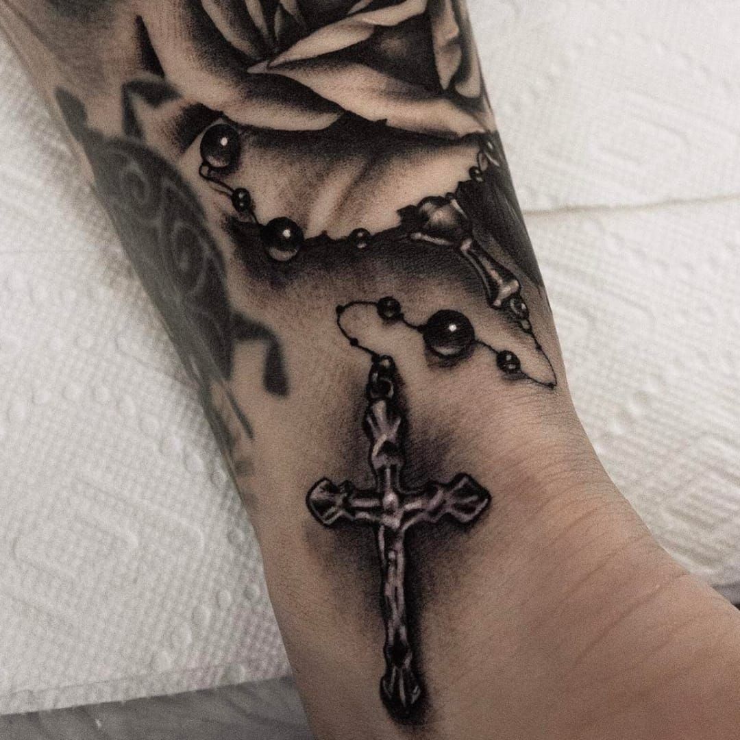 Amazing Cross and Rosary Tattoo by Gupta Tattoo Studio Goa 