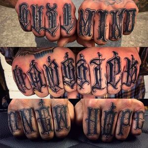 Knuckle Tattoos done by @Ink.Tactics #Inktactics #Knuckles #KnuckleTattoos #HandTattoos #Traditional #Black #Lettering #Script