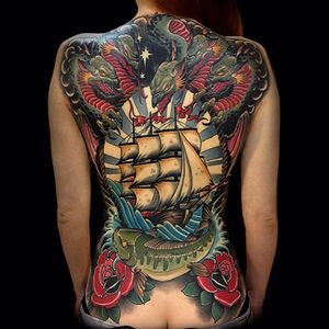Ship Tattoo by Rakov Serj #NeoTraditional #NeoTraditionalTattoos #RussianTattoo #ModernTattoos #ExcitingTattoos #RakovSerj #ship #maritime #dragon #fish #rose #fullback