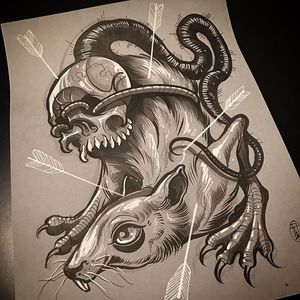 A rat with a skull strapped to its back by Dave Tevenal (IG—davetattoos). #artshare #blackandgrey #DaveTrevenal #drawings #fineart #illustrations #rat #skull