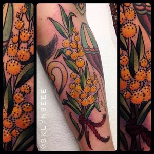 A pretty bunch of wattle. Tattoo by Brooklyn Seawright. #wattle #flora #Australianflora #traditional #BrooklynSeawright