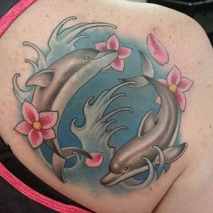 Dolphin cover up by James Withee. #neotraditional #dolphin #flower #coverup #JamesWithee