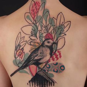 Graphic tattoo by Xoil #bird #birdhouse #color #leafes #flower #graphic #Xoil