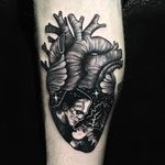 Starry Frankenstein and Bride in a Heart Tattoo by Merry Morgan @Merry_tattooer #MerryMorgan #MerryTattooer #Black #Blackwork #Starrytattoo #Starrynight #Blacktattooing #BlackInc #Somerset #Frankenstein #Anatomical #Heart
