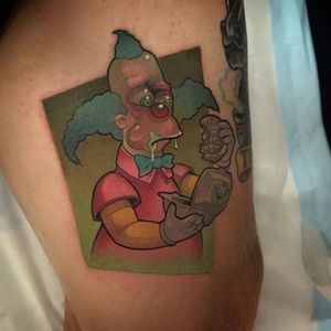 Krusty The Clown Tattoo by Henri Middlemass #krustytheclown #newschool #newschoolartist #bold #australianartist #HenriMiddlemass