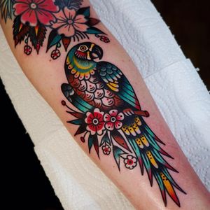 Pretty parrot tattoo by Electric Martina #ElectricMartina #besttattoos #color #newtraditional #folktraditional #traditional #mashup #parrot #bird #feathers #tropical #flowers #leaves #nature #tattoooftheday