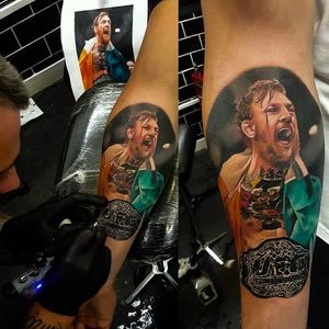 UFC's fighting Irishman, the notorious Connor McGregor. Awesome tattoo by Craig Cardwell. #CraigCardwell #realistic #colorportrait #thenotorious #connormcgregor