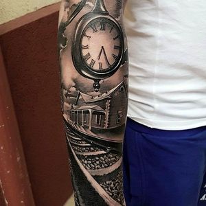 Stunning scenery tattoo by Eduard Virlan. #eduardvirlan #blackandgrey
