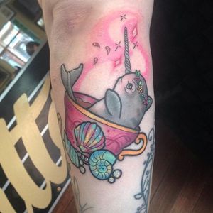 Narwhal in a teacup tattoo by Carly Kroll. #CarlyKroll #girly #pinkwork #cute #neotraditional #popculture #kawaii #narwhal #teacup #neotraditional