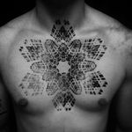 Awesome chest tattoo by Anich Andrew #anichandrew #geometric #blackwork #shadows #geometry