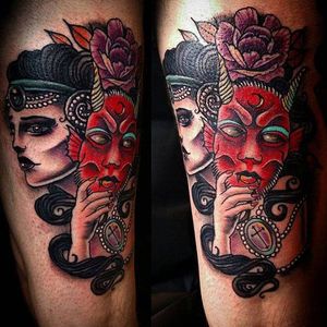 Wearing the mask of a devil. Tattoo by Arron Townsend #ArronTownsend #neotraditional #L3InkTattoo #Liverpool #UKTattooer #ladyhead #gypsy #devil