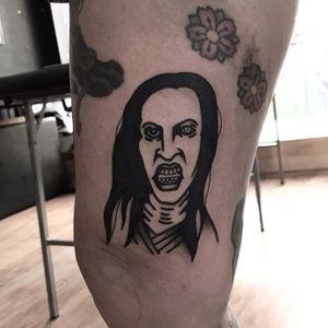 Marilyn Manson tattoo by Joel Menazzi. #blackwork  #MarilynManson #paleemperor #music #band #goth #alternative #metal #dark #portrait #JoelMenazzi