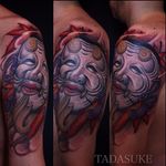 Okina Mask Tattoo by Tadasuke Homma #OkinaMask #NohMask #Japanesetattoo #TadasukeHomma