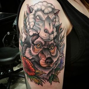 Traditional Wolf and Sheep Cowl Tattoo by Hiram Casas #wolfinsheepsclothing #wolf #sheep #neotraditional #HiramCasas