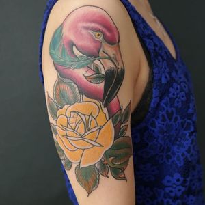 Flamingo tattoo by John Peeler #JohnPeeler #flamingo #rose