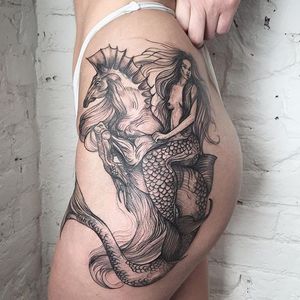 Mermaid tattoo by Lesya Kovalchuk. #LesyaKovalchuk #blackwork #mythology #mermaid #fantasy #folklore #seahorse #underwater