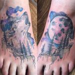 Watercolor howling wolf and moon feet tattoos by Clare Lambert. #watercolor #ClareLambert #feet #wolf #forest #moon