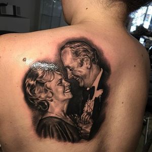 Black and grey portrait of a loving couple. Tattoo by Harley Kirkwood. #blackandgrey #realism #portrait #couple #love #HarleyKirkwood