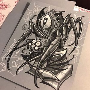 A nasty spider with a ninth eye in its back by Dave Tevenal (IG—davetattoos). #artshare #blackandgrey #DaveTrevenal #drawings #fineart #illustrations #rose #spider