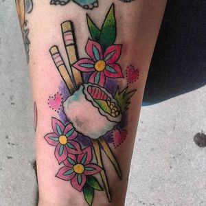 Flowers for this colourful sushi roll by Cody Parsons #CodyParsons #sushitattoo #sushiroll #chopsticks #flowers #sushi