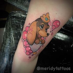 Cute, girly dachshund tattoo by Meridy Widdowson. #cute #girly #pastel #dog #dachshund #MeridyWiddowson