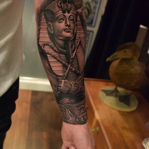 Pharaoh forearm tattoo done by Ruben of Miks Tattoo. #Ruben #mikstattoo #blackandgrey #Pharaoh #mummy