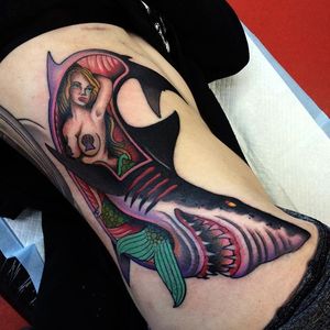 Mermaid Shark Tattoo by Sam Kane #SharkTattoos #SharkTattoo #Shark #SamKaneShark #SamKaneSharkTattoos #CreativeSharkTattoos #AustralianTattooArtists #SamKane