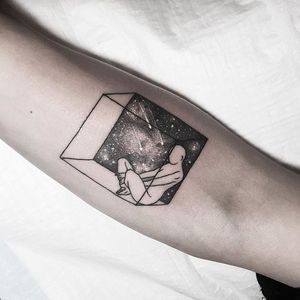 Blackwork outer space tattoo by Sunghee Hwang. #SungheeHwang #Sou #SouTattooer #blackwork #box #poetic #outerspace #space #galaxy #cosmic