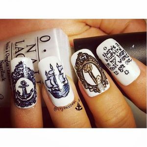 Nautical and vintage Nail Tattoo Art by @Crystalcoral #CrystalCoral #Nautical #Galleon #Ship #Key #Quote #NailTattoo #NailArt #NailTattoos #TattooFashion