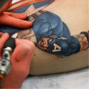 Captain America realistic tattoo, artist unknown.. #captainamerica #superhero #marvel #comics #movies