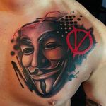 V's Guy Fawkes mask from V for Vendetta. Awesome tattoo by Bryan Merck. #BryanMerck #tattoo #V #guyfawkes