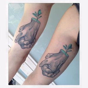 Matching tattoos by Gianpiero Cavaliere #GianpieroCavaliere #newschool #turquoise #matching #hand