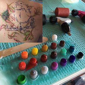 Photo and stencil by Ryan Tews #watercolor #preparation #color #stencil #tattoomachine
